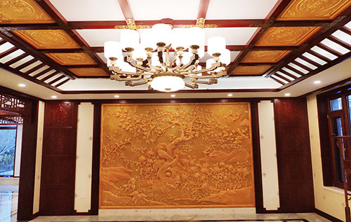 新州镇中式别墅客厅中式木作横梁吊顶装饰展示